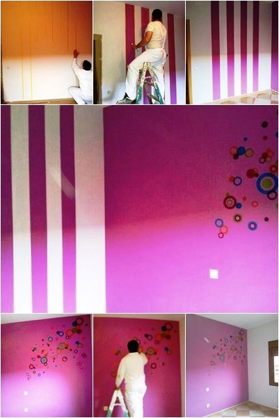 Habitación de pintura plástica con rayas y sticker