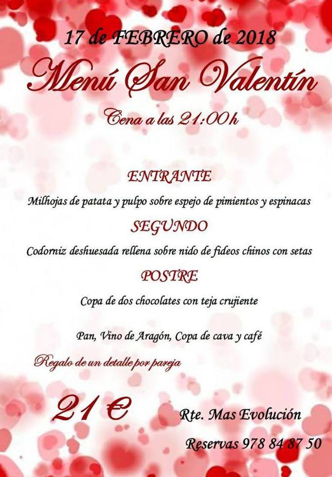 MENÚ ESPECIAL SAN VALENTÍN 21 €: Menús de Restaurante Más Evolución MENÚ ESPECIAL SAN VALENTÍN 21 €: Menús de Restaurante Más Evolución