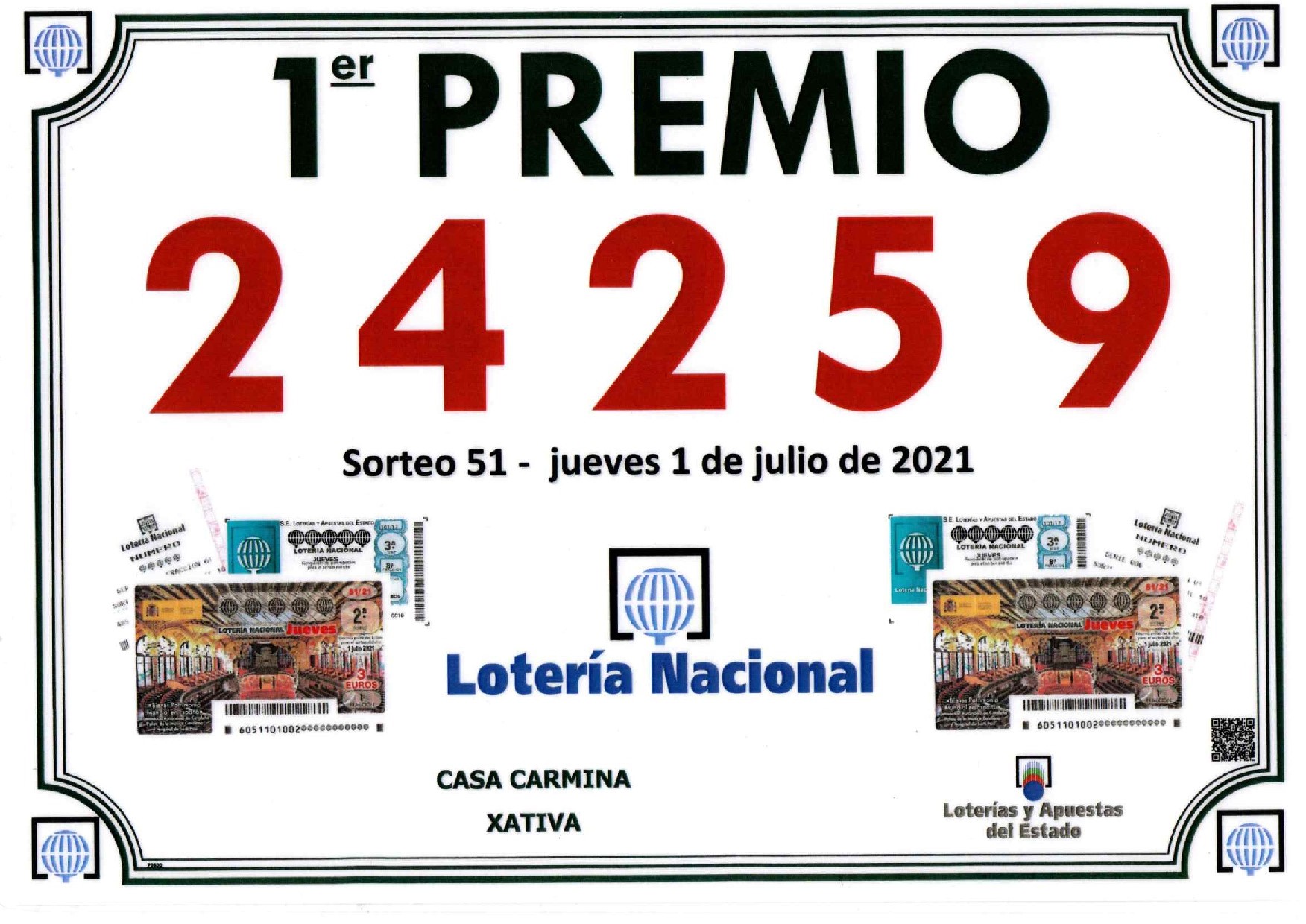 Primer Premio Jueves 01/07/2021 Primer Premio Jueves 01/07/2021