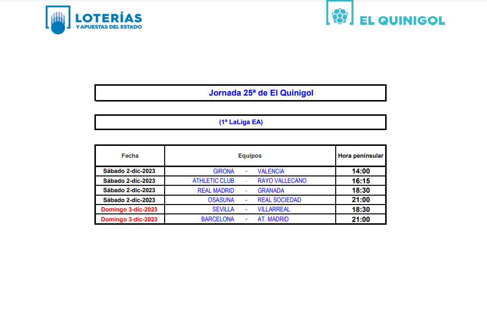 HORARIOS PARTIDOS DE QUINIGOL HORARIOS PARTIDOS DE QUINIGOL