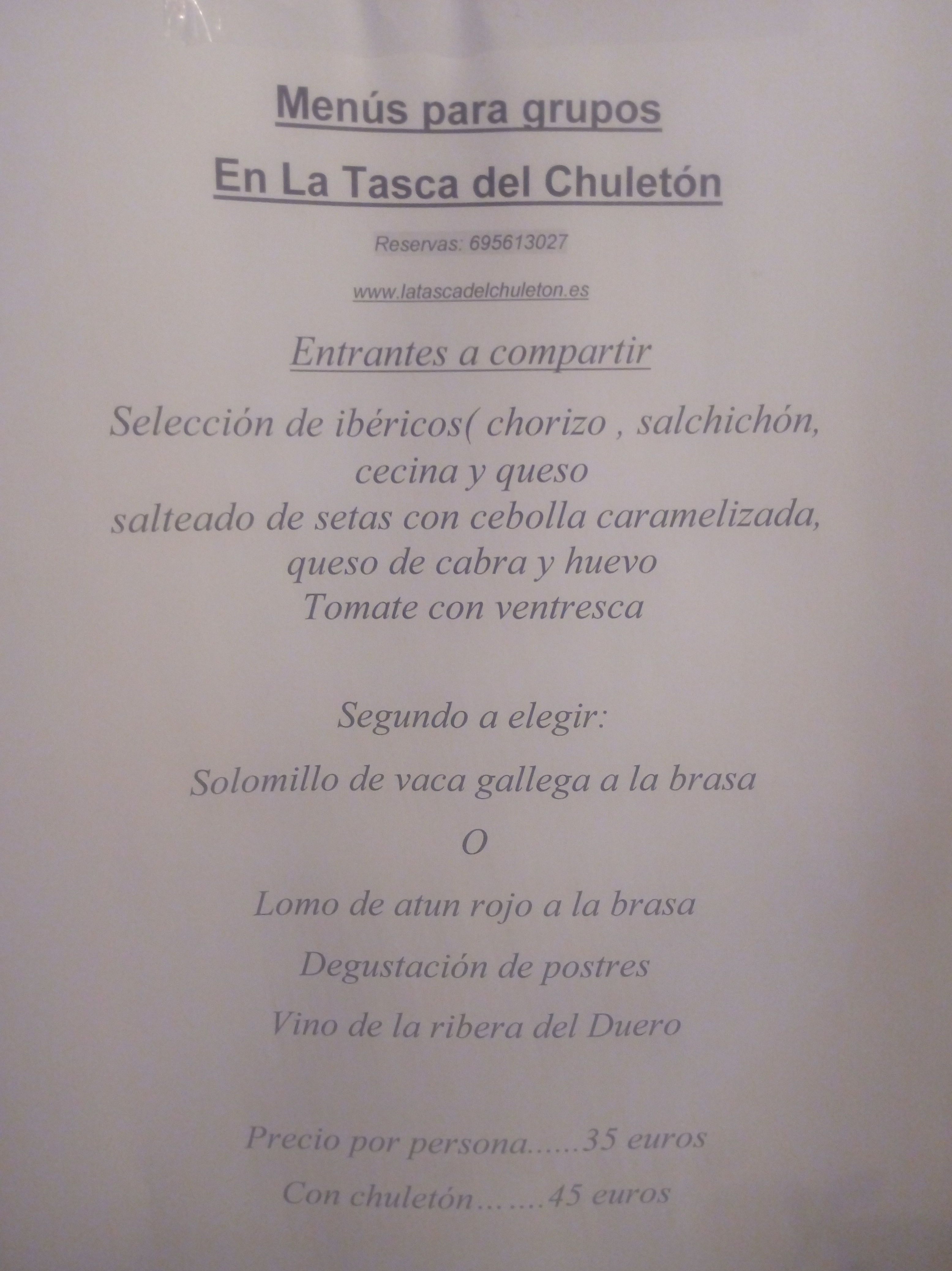 Menú para grupos: Carta y Menús de La Tasca del Chuletón Menú para grupos: Carta y Menús de La Tasca del Chuletón