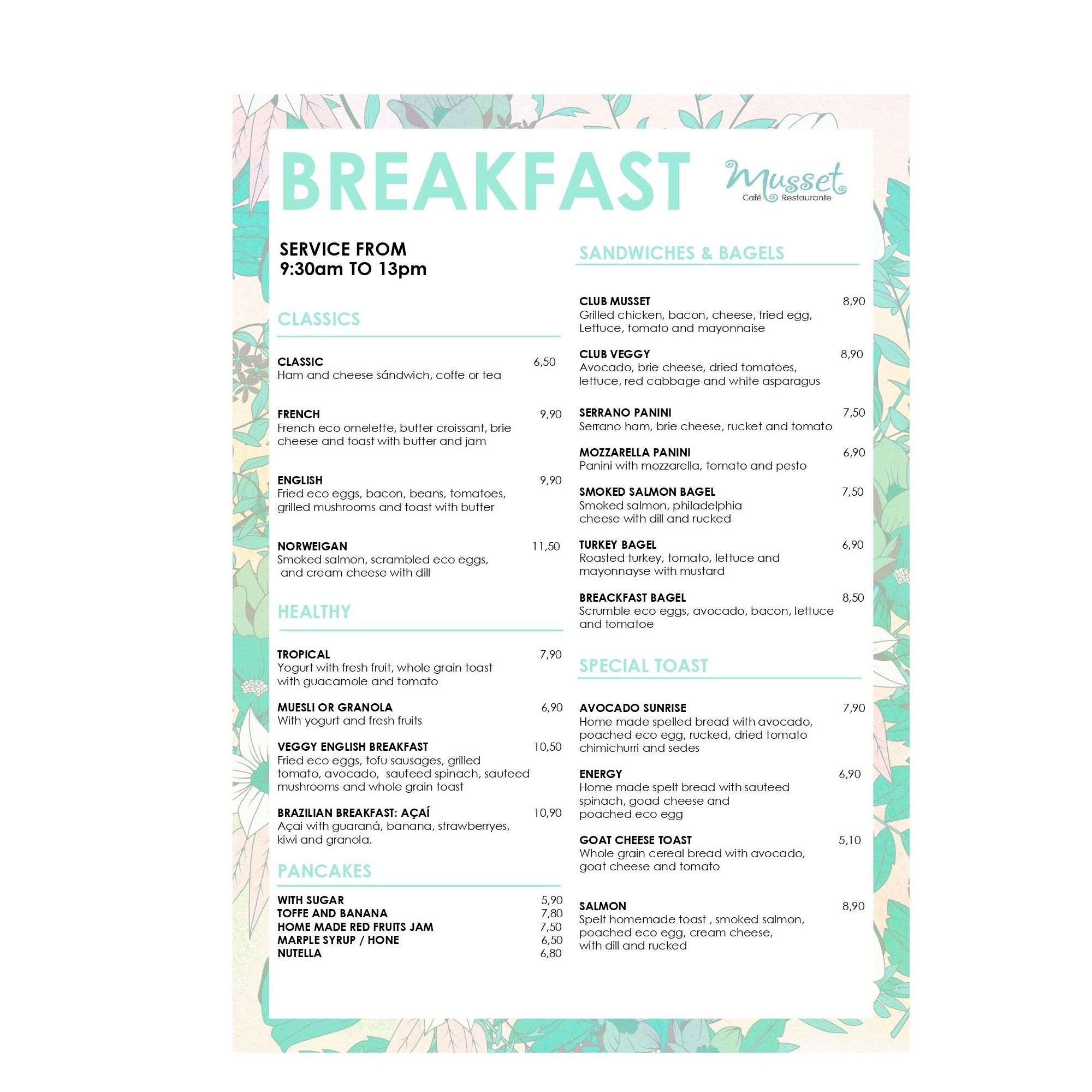 Breakfast menu: Carta de Musset Café Breakfast menu: Carta de Musset Café