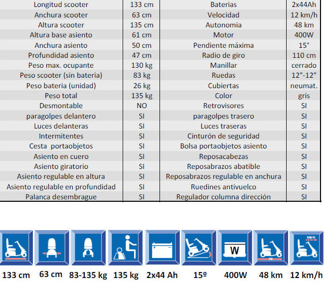 Datos técnicos del scooter Grand Classe Datos técnicos del scooter Grand Classe