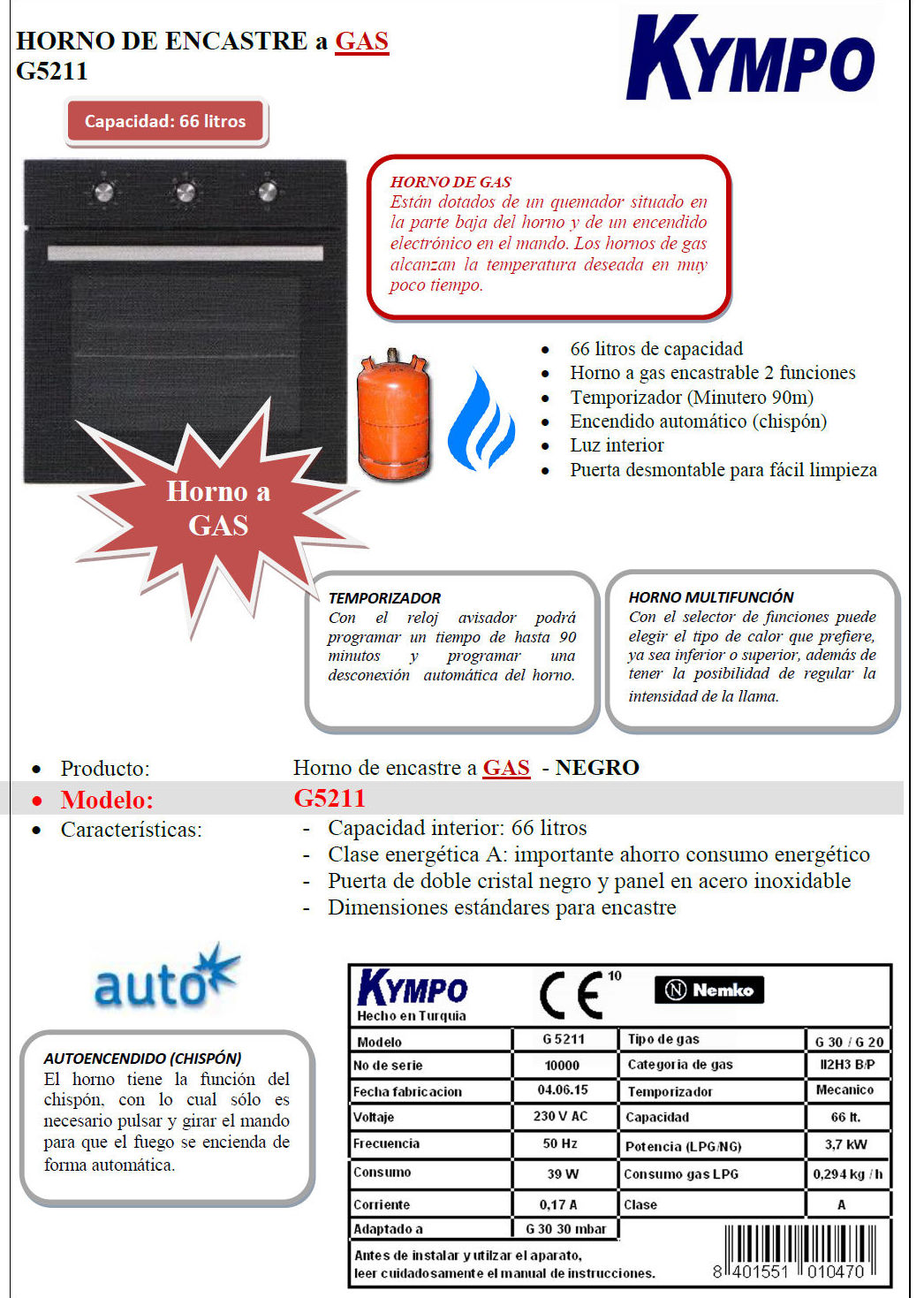 Horno a gas KYMPO: Catálogo de apluscocinas Horno a gas KYMPO: Catálogo de apluscocinas