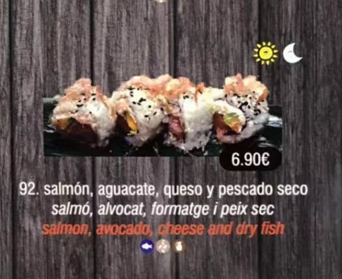 Salmón, aguacate, queso y pescado seco: Carta de Sushi Time Buffet Libre Salmón, aguacate, queso y pescado seco: Carta de Sushi Time Buffet Libre