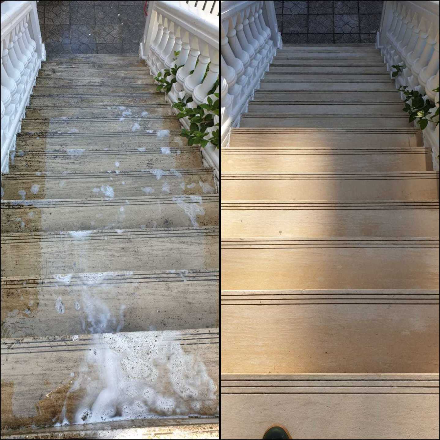 Limpieza escalera exterior mármol antes y después