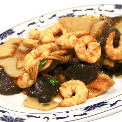 Gambas con bambú y setas Gambas con bambú y setas
