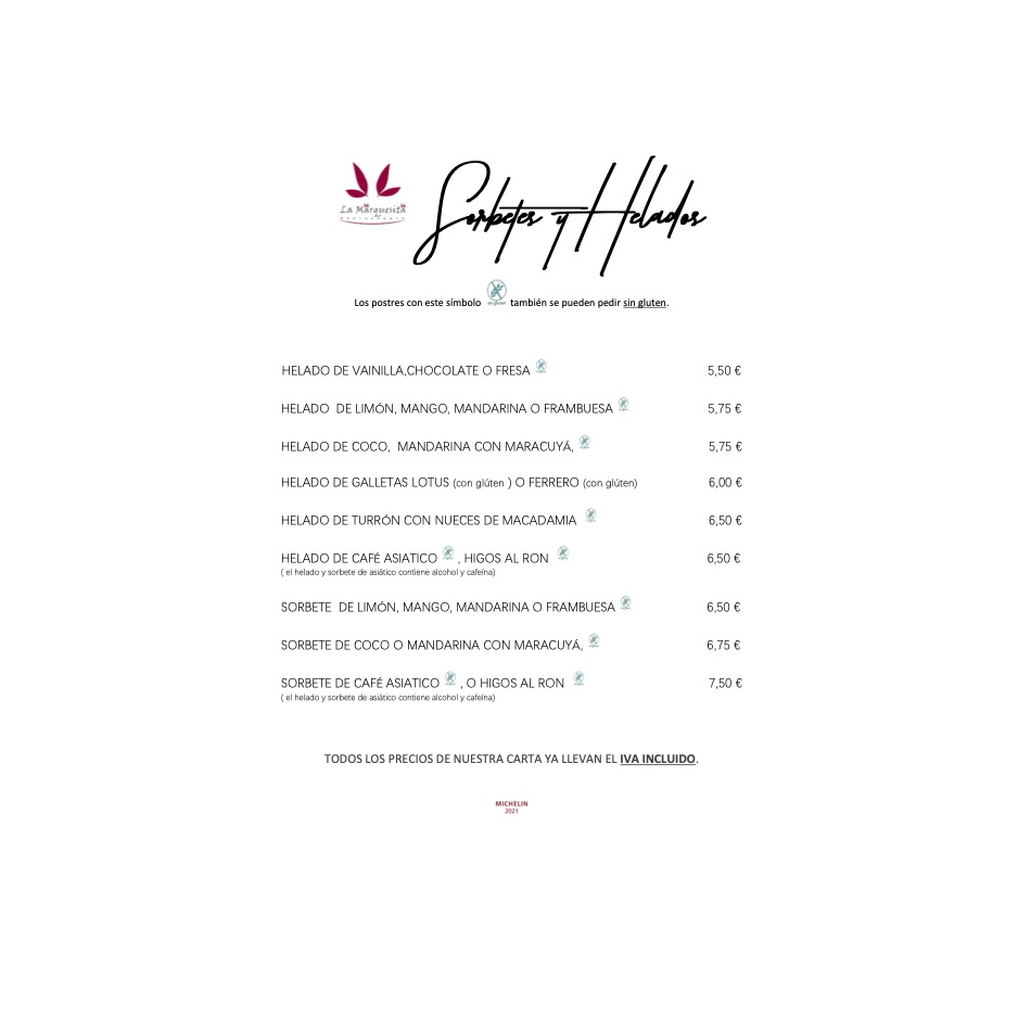 Sorbetes y helados: Carta y Menús de Restaurante La Marquesita Sorbetes y helados: Carta y Menús de Restaurante La Marquesita