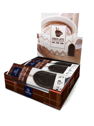 ¡Piruleta de chocolate oscuro, para masticar o disolver en tazón de leche ¡Piruleta de chocolate oscuro, para masticar o disolver en tazón de leche
