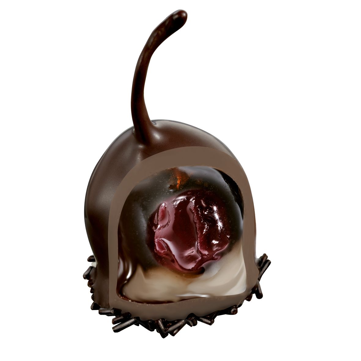 Cereza-cereza con cola y núcleo, con crema de licor, empapada en chocolate Cereza-cereza con cola y núcleo, con crema de licor, empapada en chocolate