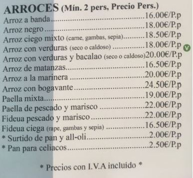 Arroces (min. 2 personas): Carta de Restaurante Arrocería Es Arcs Arroces (min. 2 personas): Carta de Restaurante Arrocería Es Arcs
