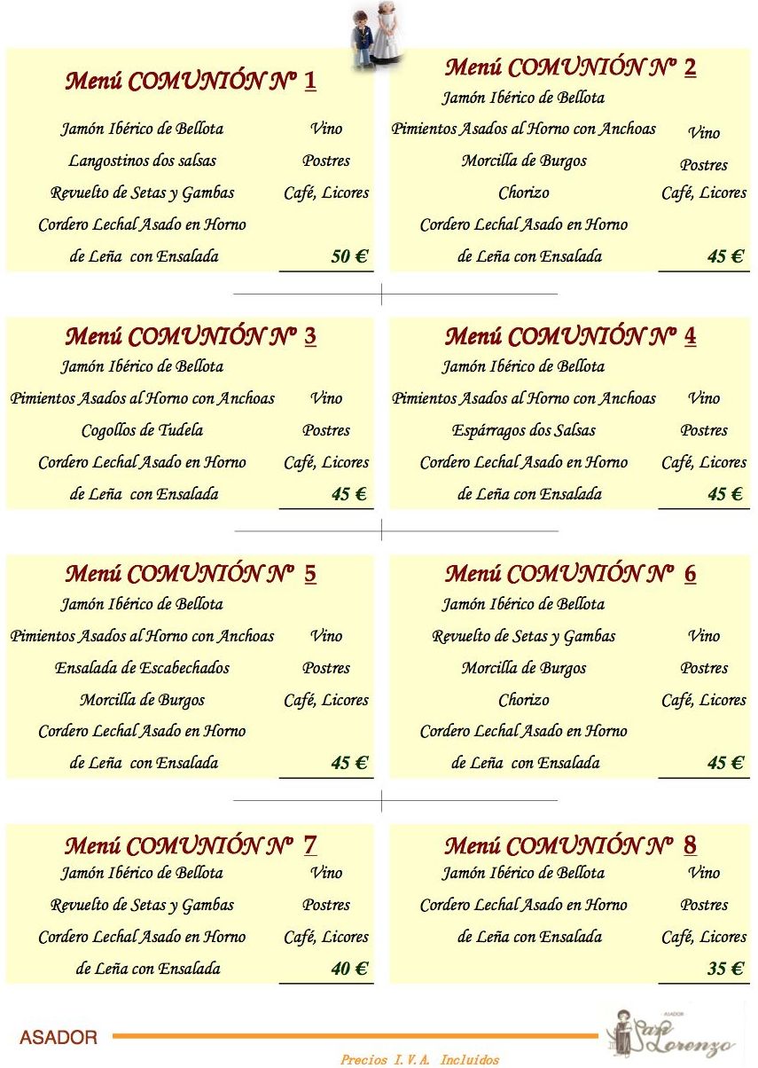 Menú comuniones : Menús de ASADOR SAN LORENZO Menú comuniones : Menús de ASADOR SAN LORENZO