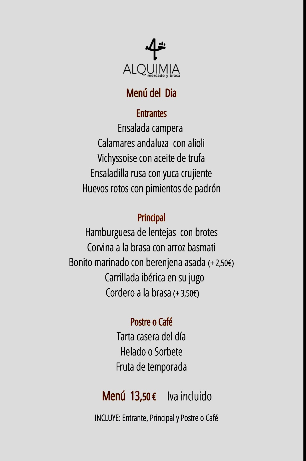 Menú Comidas Lunes a Viernes: CARTA y Menús de Alquimia Menú Comidas Lunes a Viernes: CARTA y Menús de Alquimia