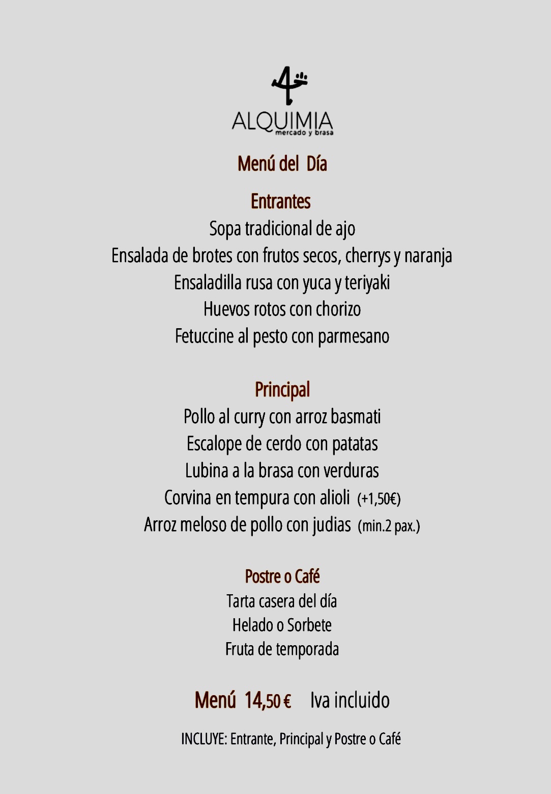 Menú Comidas Lunes a Viernes: CARTA y Menús de Alquimia Menú Comidas Lunes a Viernes: CARTA y Menús de Alquimia