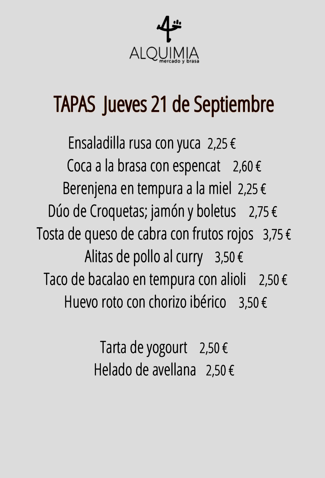 Tapas del Jueves: CARTA y Menús de Alquimia Tapas del Jueves: CARTA y Menús de Alquimia