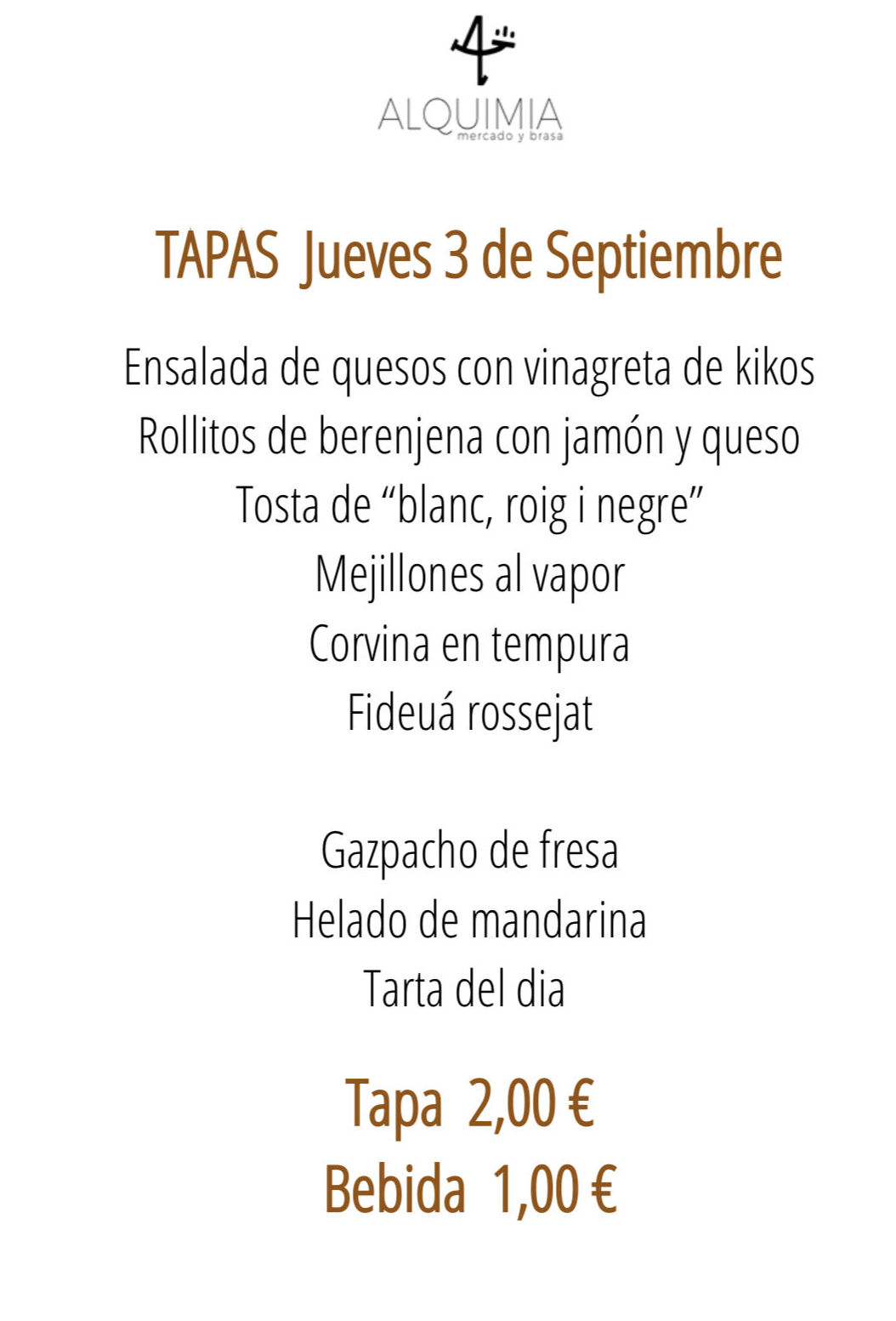 TAPEO Jueves : Carta y menús de Alquimia TAPEO Jueves : Carta y menús de Alquimia