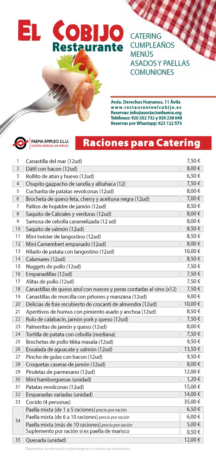 Raciones para catering: Carta y Menús de Restaurante El Cobijo Raciones para catering: Carta y Menús de Restaurante El Cobijo