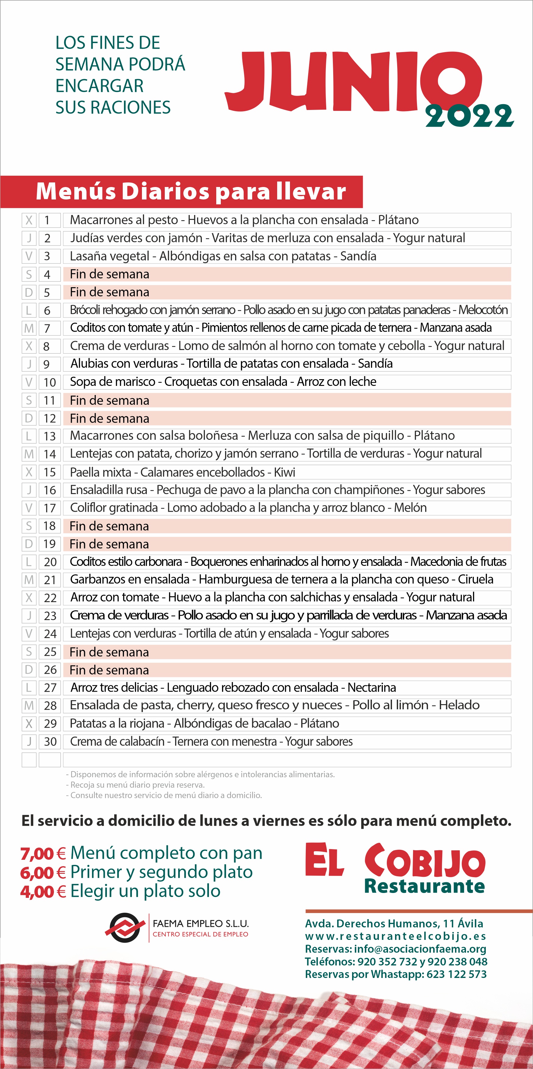 Menú Junio: de Restaurante El Cobijo Menú Junio: de Restaurante El Cobijo