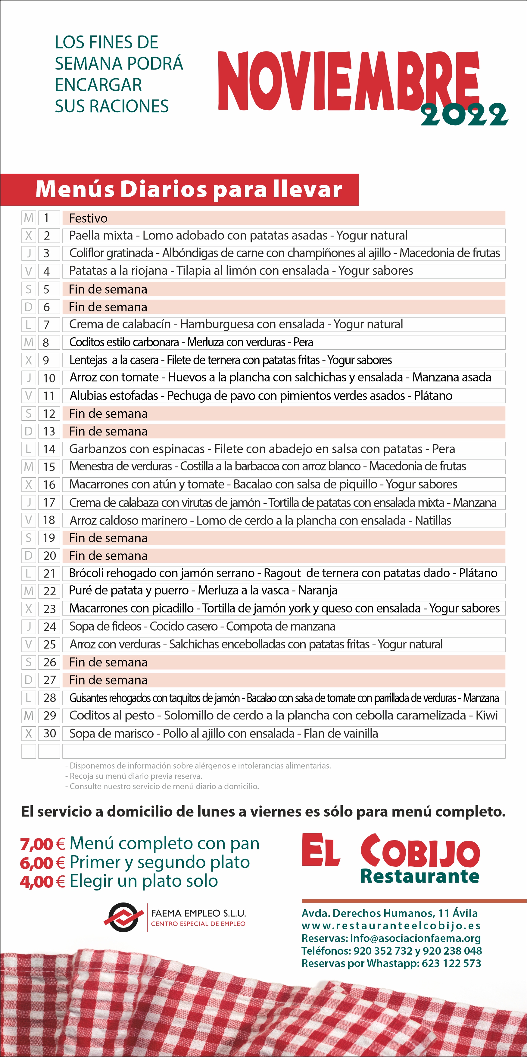 Menú Noviembre: Carta y Menús de Restaurante El Cobijo Menú Noviembre: Carta y Menús de Restaurante El Cobijo