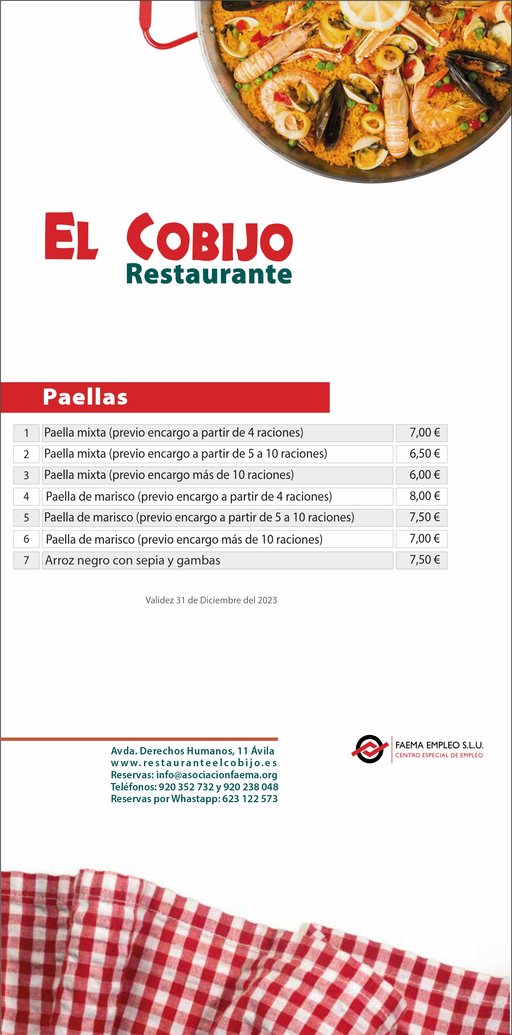 PAELLA: Carta y Menús de Restaurante El Cobijo PAELLA: Carta y Menús de Restaurante El Cobijo