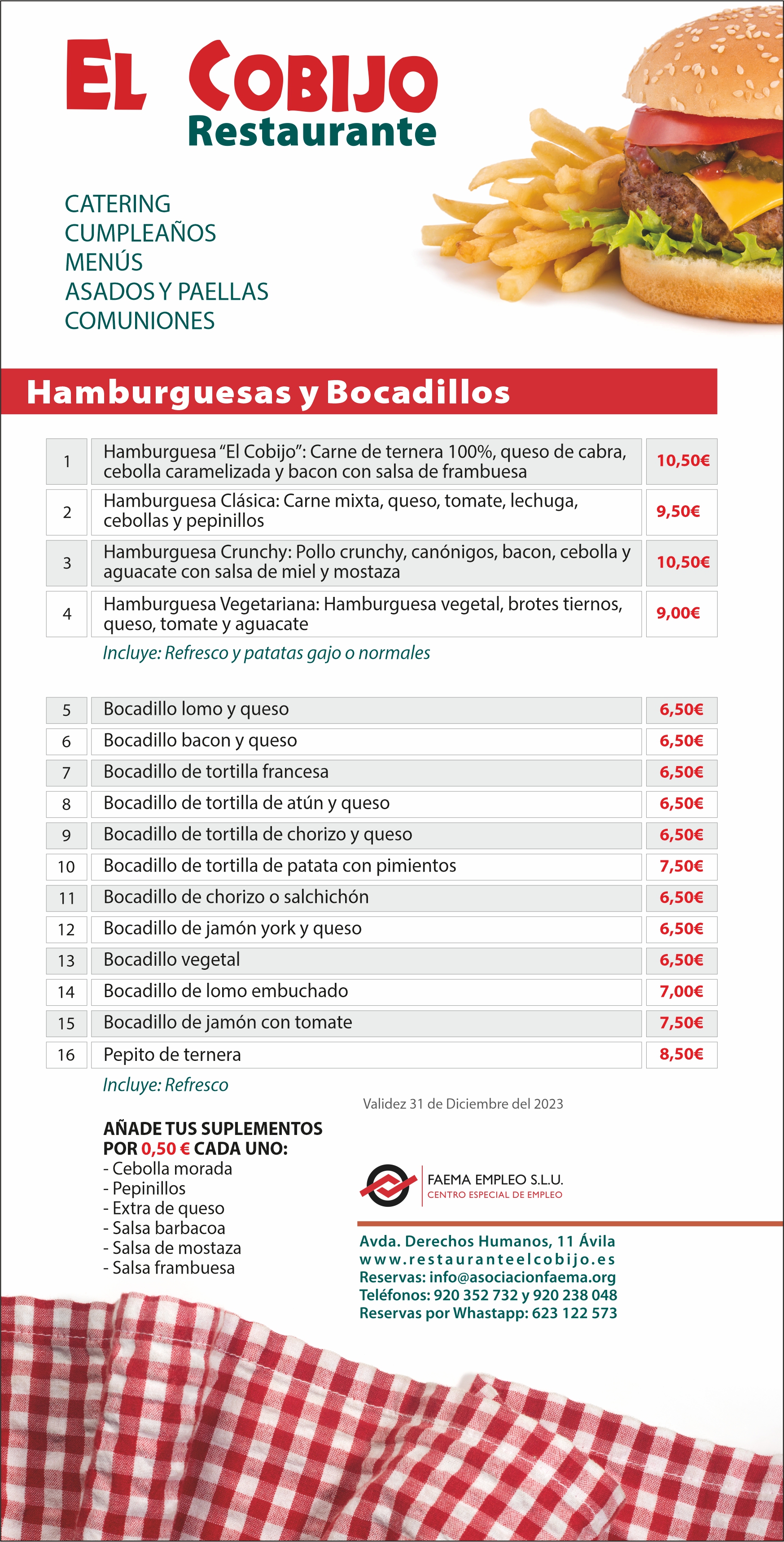 HAMBURGUESAS Y BOCADILLOS: Carta y Menús de Restaurante El Cobijo HAMBURGUESAS Y BOCADILLOS: Carta y Menús de Restaurante El Cobijo
