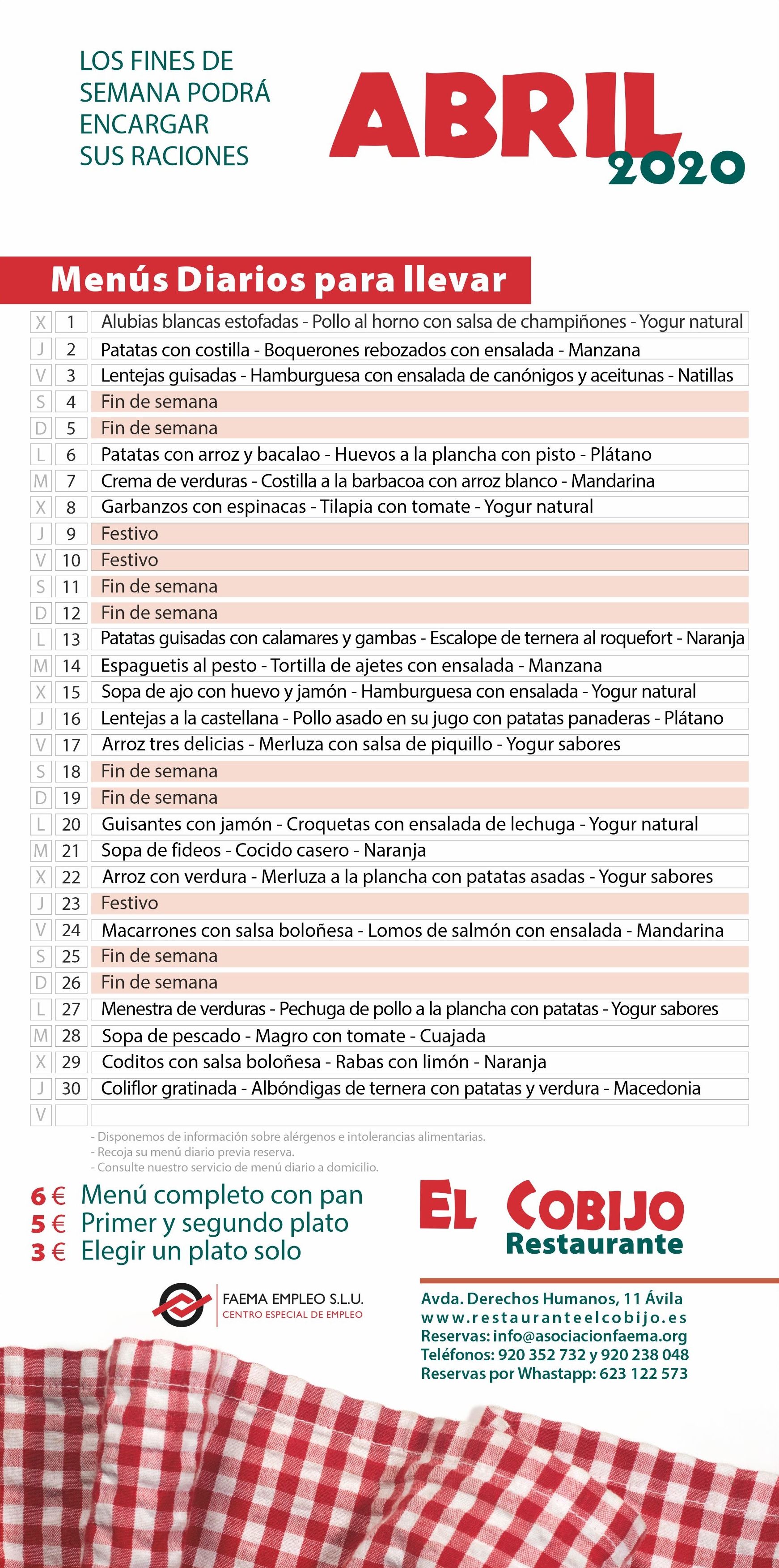 Menú Abril: Amplia carta de Restaurante El Cobijo Menú Abril: Amplia carta de Restaurante El Cobijo