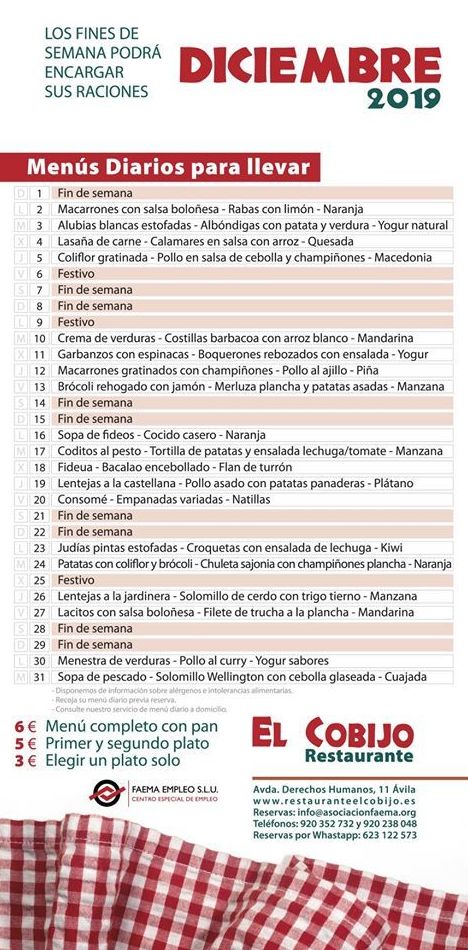 Menú Diciembre: Amplia carta de Restaurante El Cobijo Menú Diciembre: Amplia carta de Restaurante El Cobijo