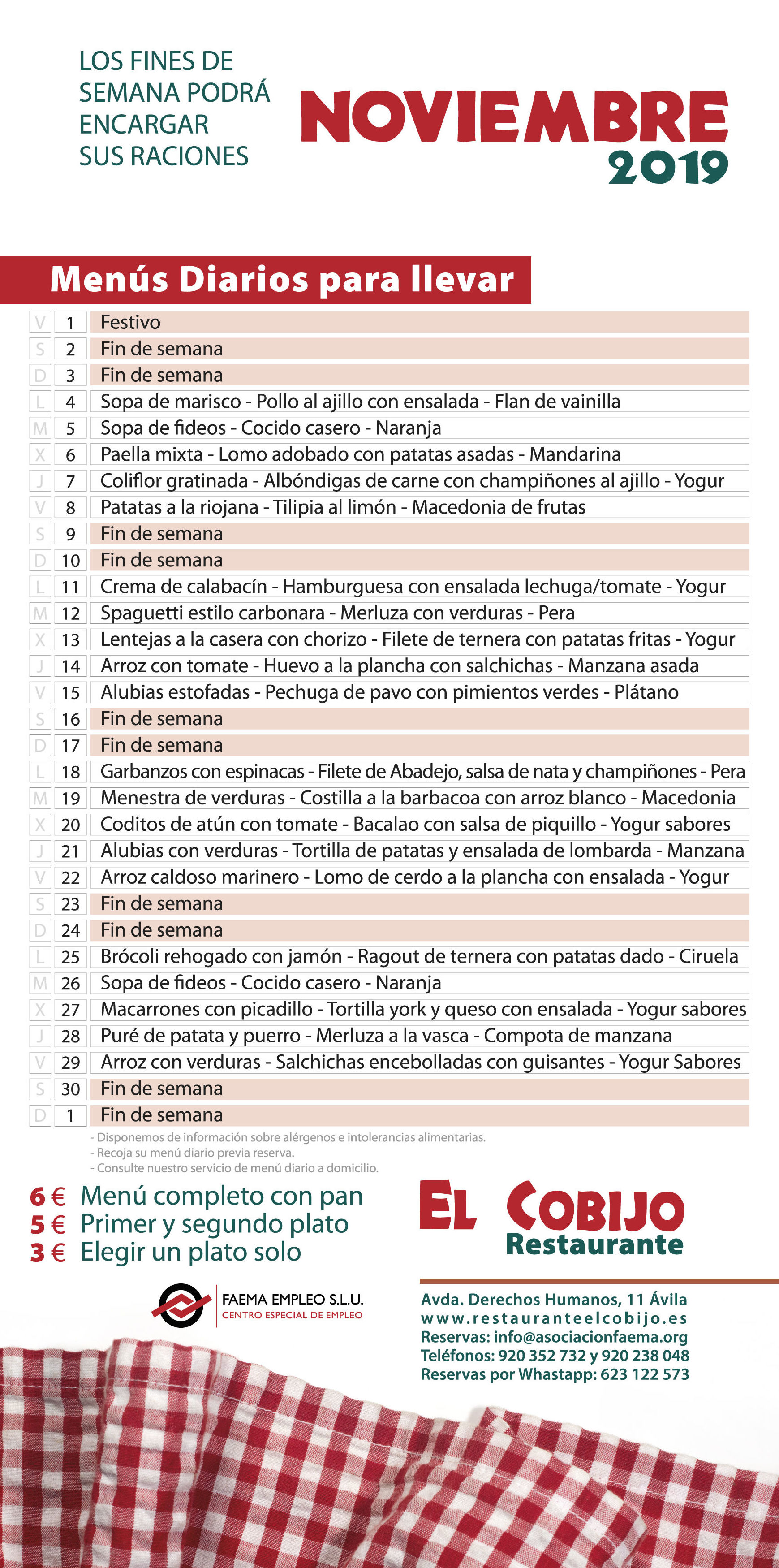 Menú Noviembre: Amplia carta de Restaurante El Cobijo Menú Noviembre: Amplia carta de Restaurante El Cobijo