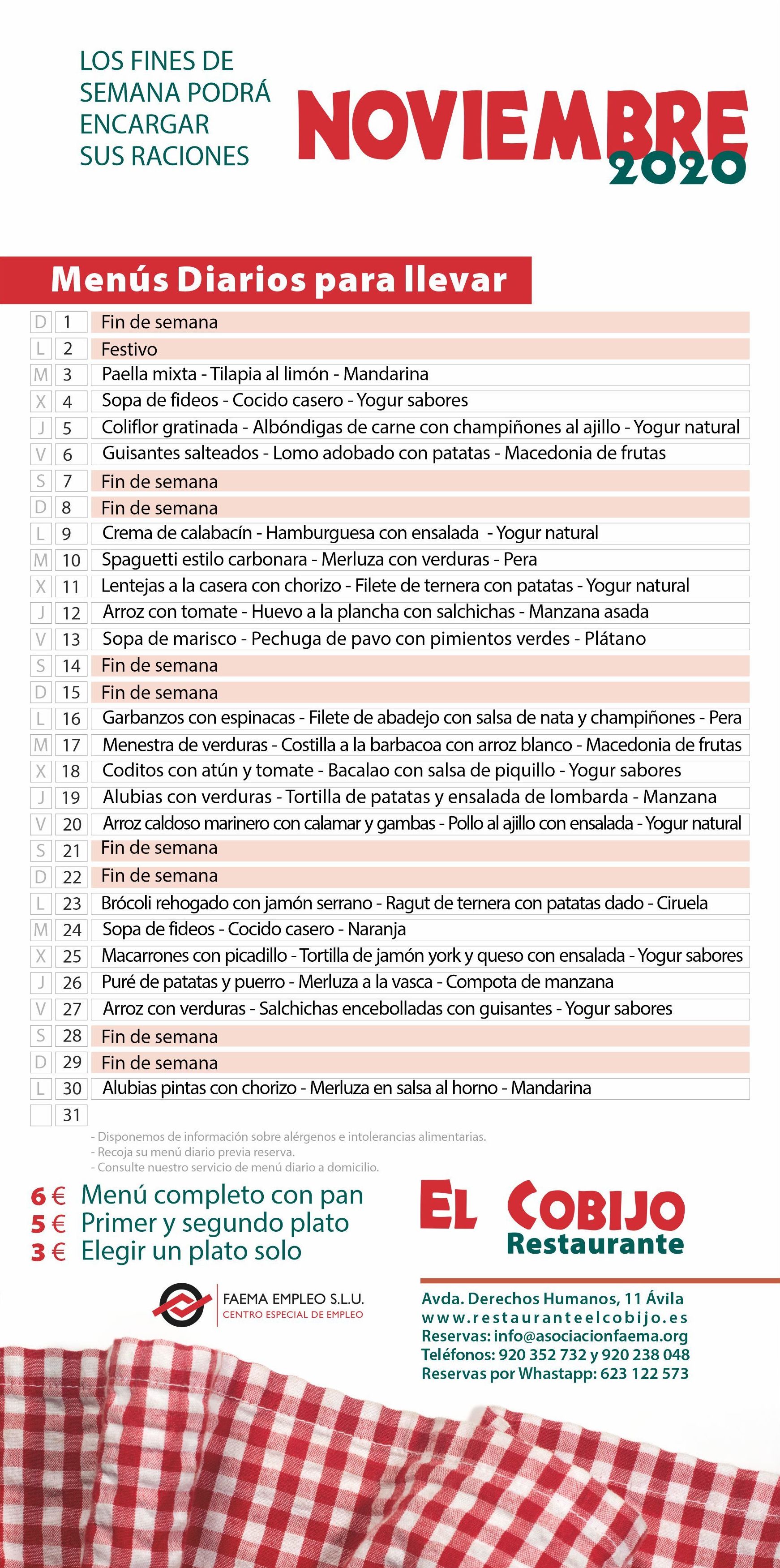 Menú Noviembre: de Restaurante El Cobijo Menú Noviembre: de Restaurante El Cobijo