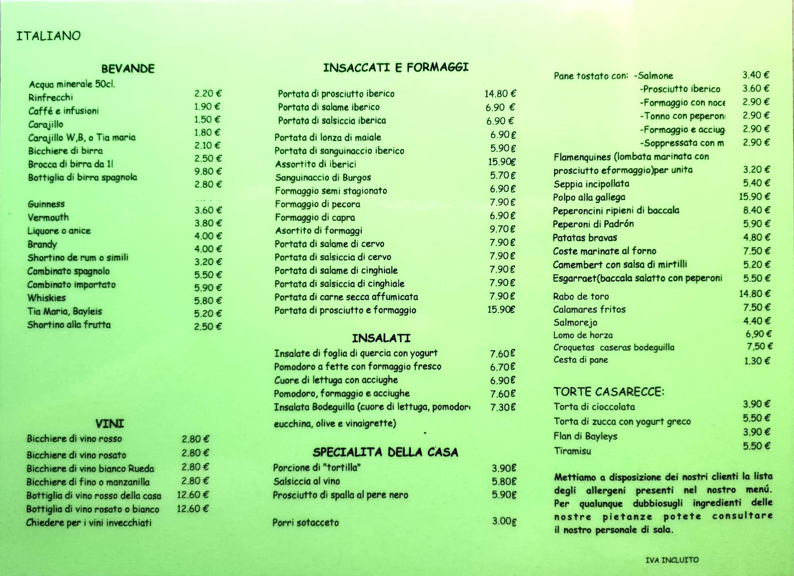 Nuestra carta en italiano: Servicios de Bodeguilla del Gato Nuestra carta en italiano: Servicios de Bodeguilla del Gato