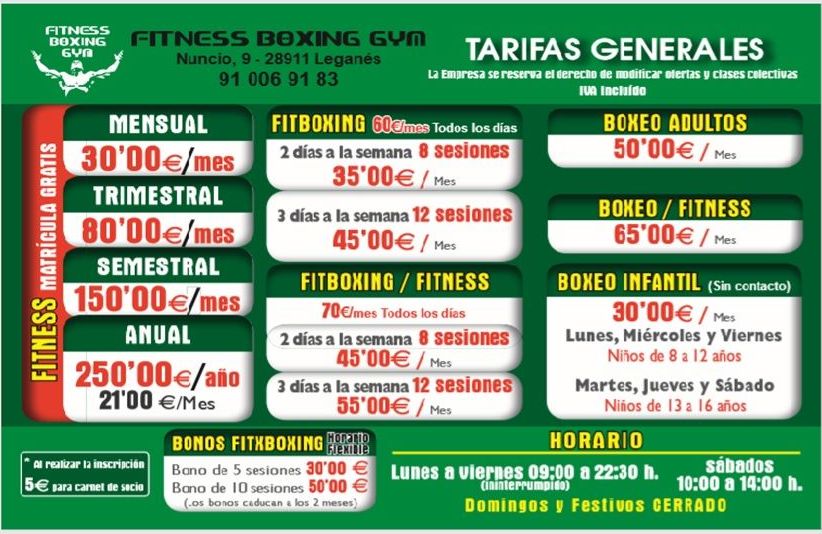 Tarifas generales: Clases y musculaciÃ³n de FITNESS BOXING GYM