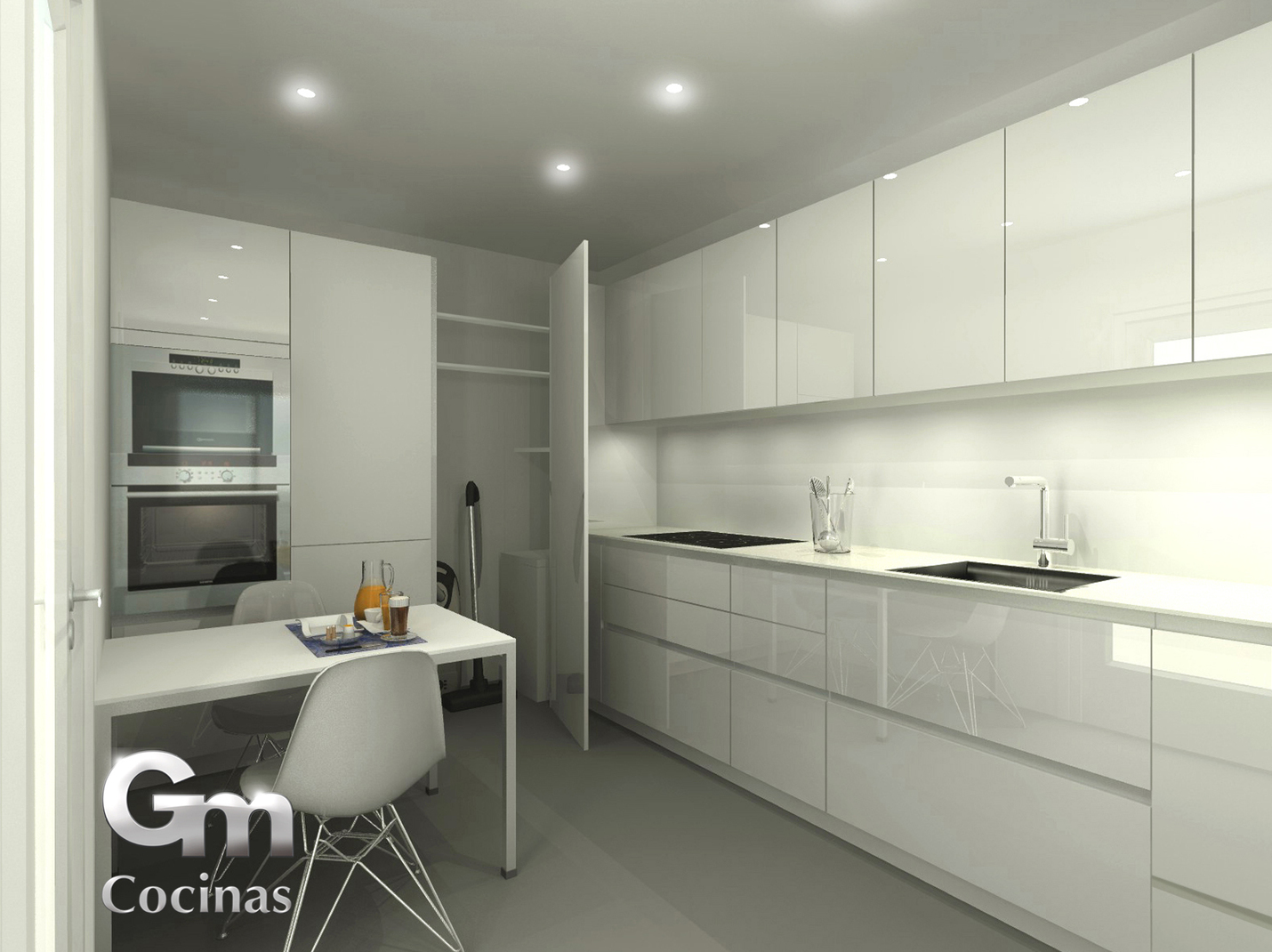 Cocina contemporánea blanca con gola, península y mueble de cocina escobero Cocina contemporánea blanca con gola, península y mueble de cocina escobero