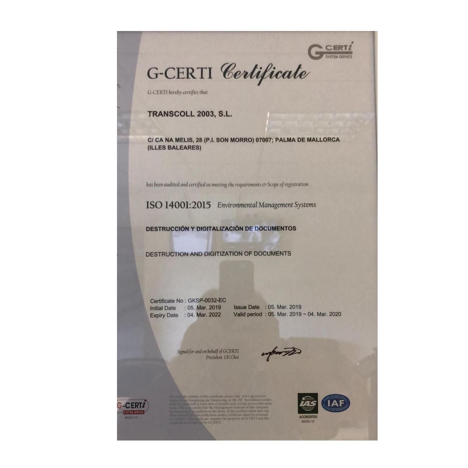 Certificado ISO: Servicios de Transcoll 2003 Certificado ISO: Servicios de Transcoll 2003