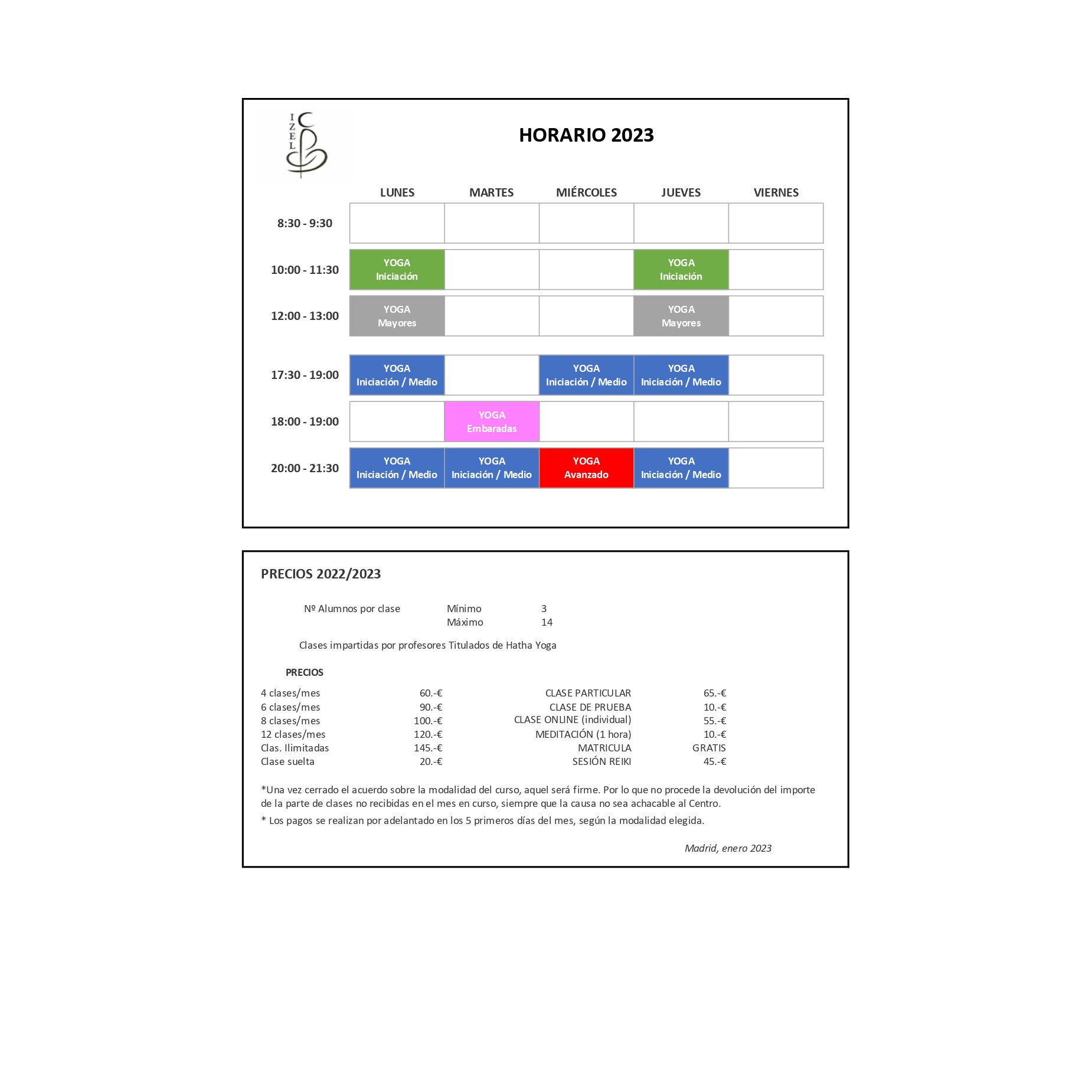 Horarios de las clases: Clases y talleres de Izel Yoga Horarios de las clases: Clases y talleres de Izel Yoga