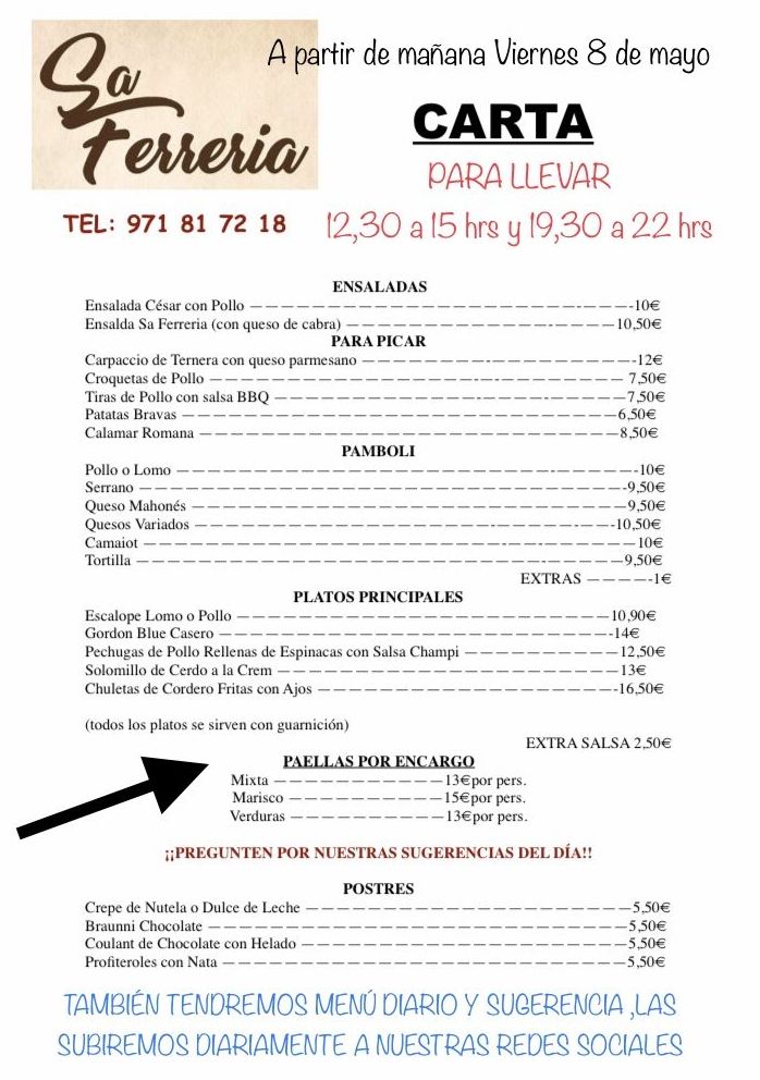 Carta desescalada: Carta de Celler Sa Ferrería Carta desescalada: Carta de Celler Sa Ferrería