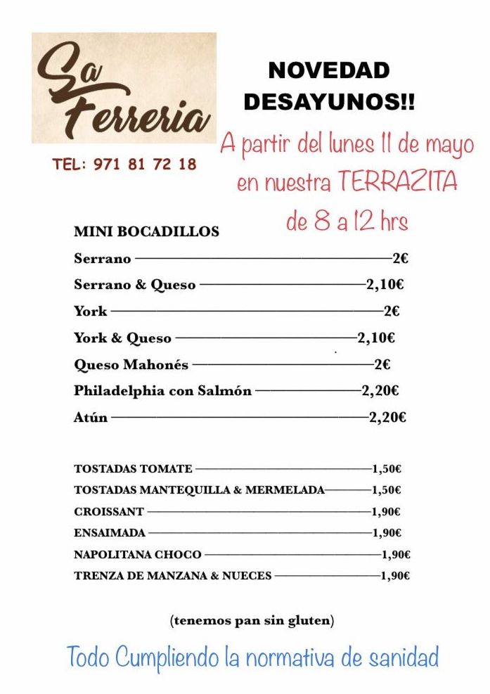 DESAYUNOS de 8 a 12 hrs: Carta de Celler Sa Ferrería DESAYUNOS de 8 a 12 hrs: Carta de Celler Sa Ferrería