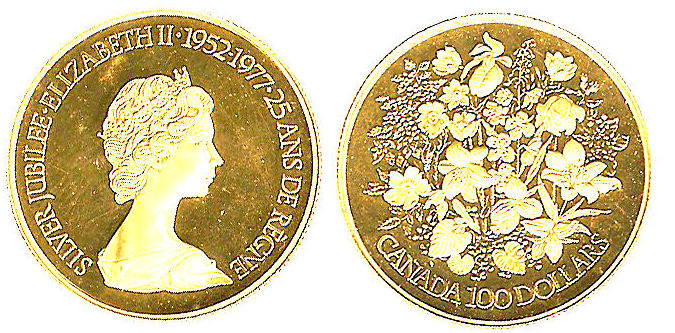 100 dólares Canadá. Jubileo de Isabel 2ª. 1977