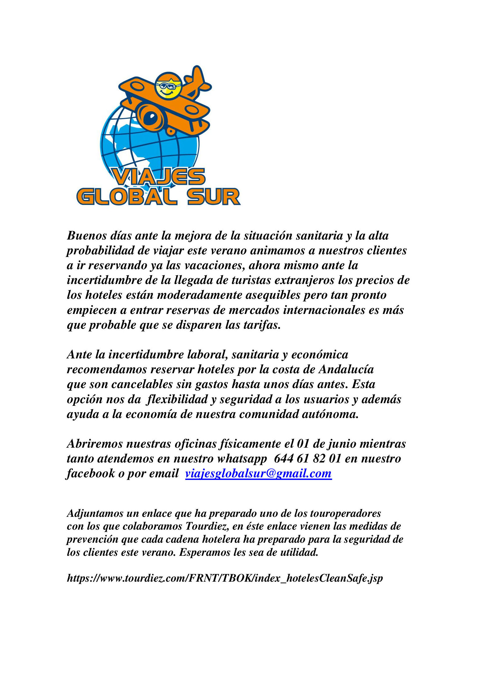 Comunicado de reapertura: Ofertas de Viajes Global Sur Comunicado de reapertura: Ofertas de Viajes Global Sur