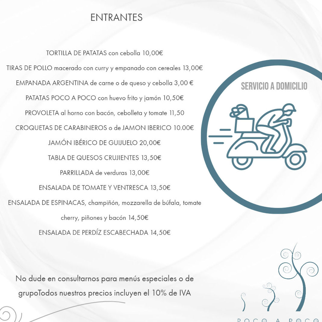CARTA A DOMICILIO : Servicios de Restaurante Poco a Poco CARTA A DOMICILIO : Servicios de Restaurante Poco a Poco