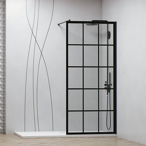 Mampara frontal ducha en vidrio templado, acabado negro mate Mampara frontal ducha en vidrio templado, acabado negro mate