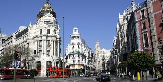 Centro de Madrid cruce Calle Álcala con Calle Gran Via.