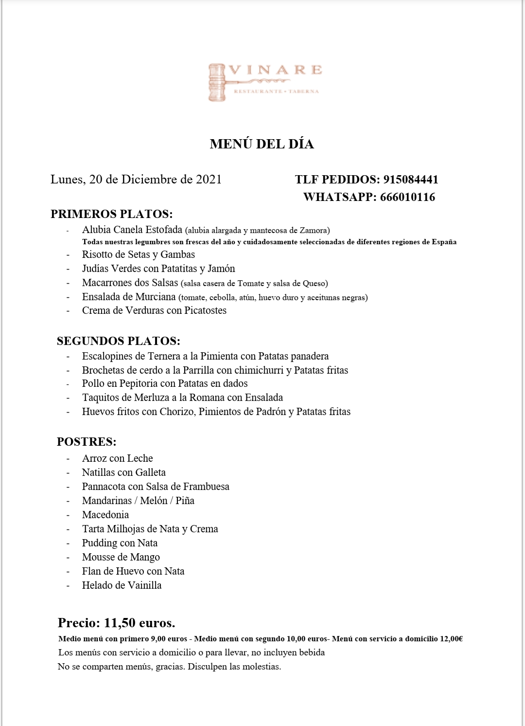 Carta Vinare: de Restaurante Taberna Vinare Carta Vinare: de Restaurante Taberna Vinare