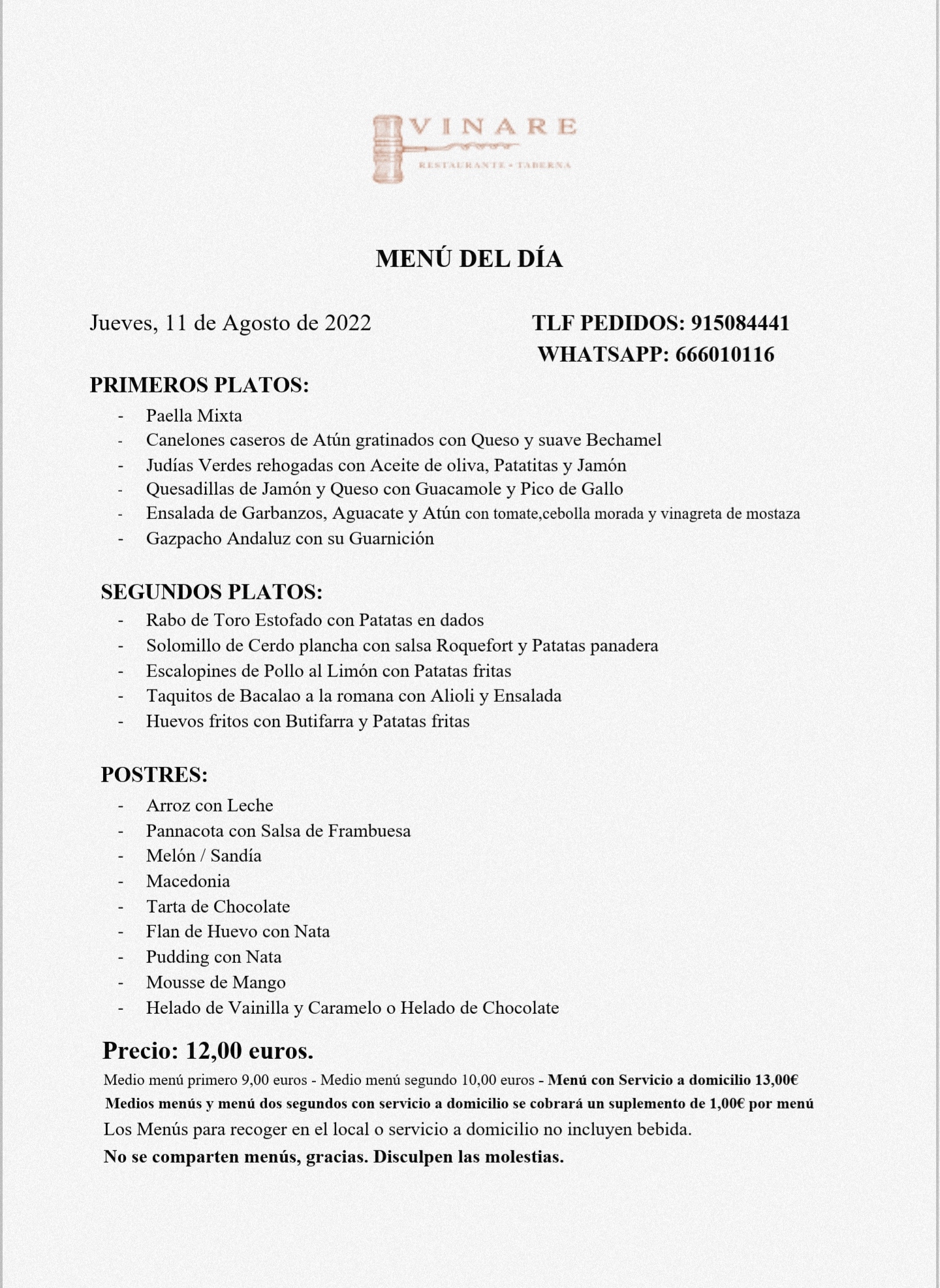 Menú del día: de Restaurante Taberna Vinare Menú del día: de Restaurante Taberna Vinare