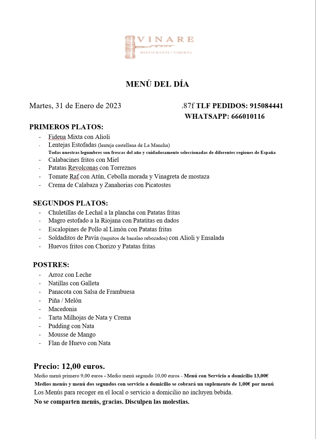 Menú del día: Nuestra carta de Restaurante Taberna Vinare Menú del día: Nuestra carta de Restaurante Taberna Vinare