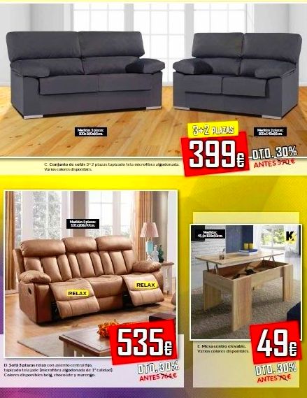 Conjunto de sofás 3+2 plazas, sofá con relax y mesa de centro elevable. Conjunto de sofás 3+2 plazas, sofá con relax y mesa de centro elevable.