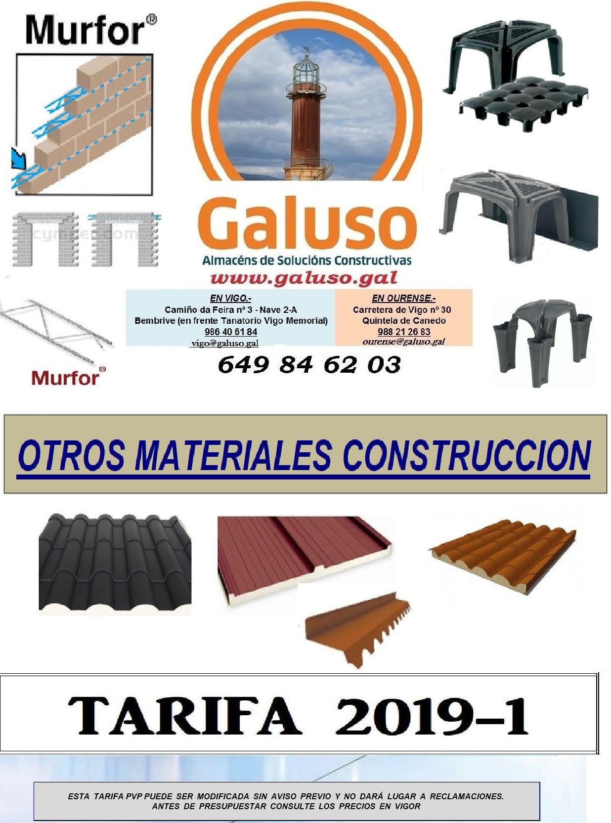 TARIFA 2019 - OTROS MATERIALES CONSTRUCCION: Catálogo de Galuso TARIFA 2019 - OTROS MATERIALES CONSTRUCCION: Catálogo de Galuso