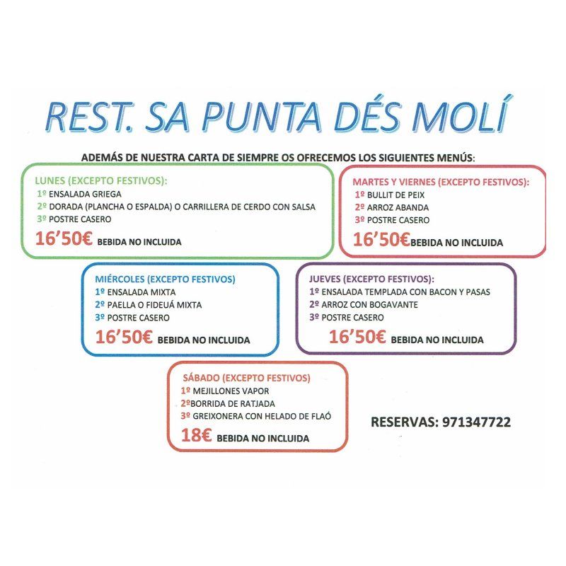 Además de nuestra carta de siempre les ofrecemos los siguientes menús: Carta y menús de Restaurante Sa Punta D'es Moli Además de nuestra carta de siempre les ofrecemos los siguientes menús: Carta y menús de Restaurante Sa Punta D'es Moli