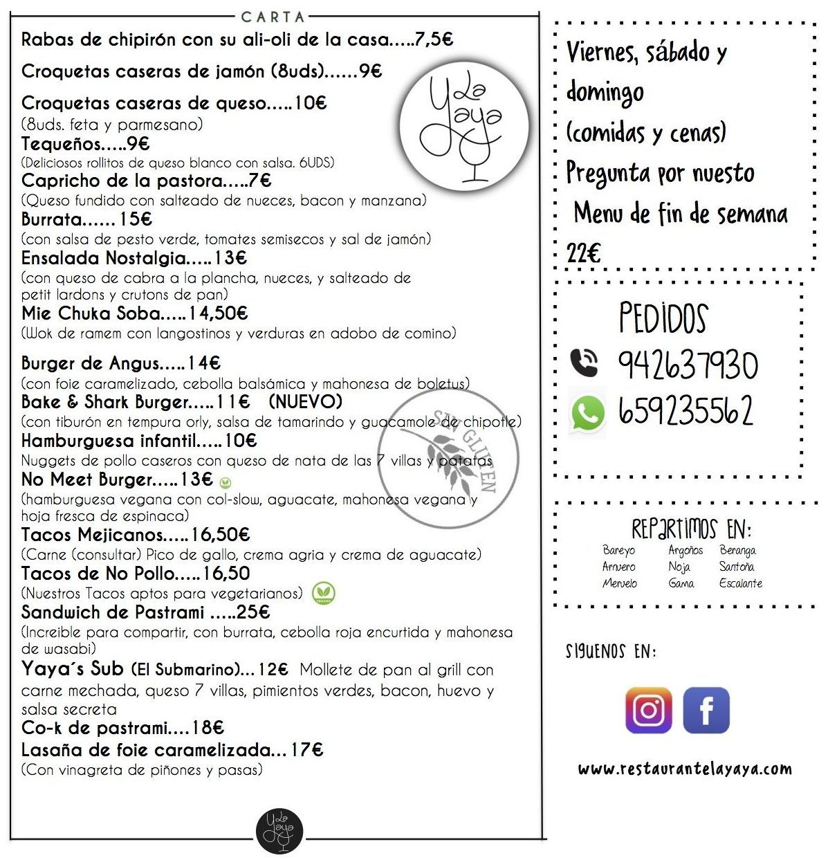 Carta: Carta de Restaurante La Yaya Carta: Carta de Restaurante La Yaya