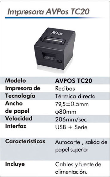 Ficha Impresora de Ticket Avpos TC20 Ficha Impresora de Ticket Avpos TC20