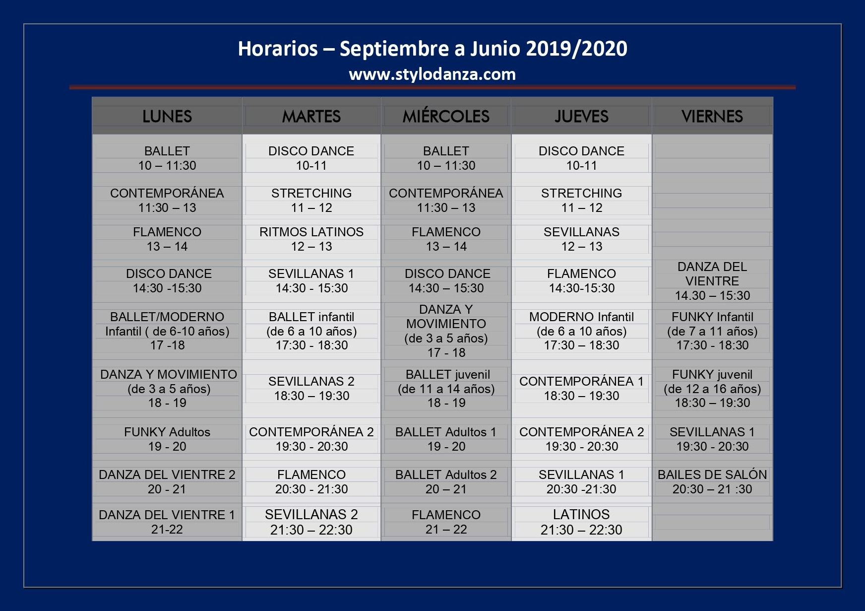 Horarios de clases : Horarios y disciplinas de Estudio de Danza Stylo Horarios de clases : Horarios y disciplinas de Estudio de Danza Stylo